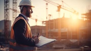 A man in a hard hat and safety vest is holding a clipboard photo