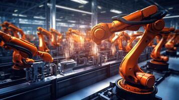 Robots in an industrial factory with orange lights photo