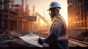 A man in a hard hat and safety vest is standing in front of a construction site photo