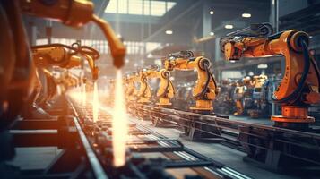 Robots in an industrial factory with a bright light photo