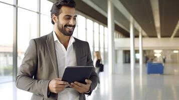 A man in a suit is holding a tablet computer photo