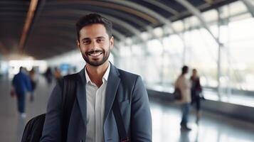 A man in a suit is standing in an airport photo
