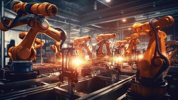 Robots in an industrial factory with lights on photo