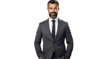 A man in a suit and tie standing with his hands on his hips photo