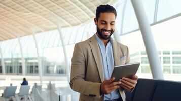 A man in a suit is holding a tablet computer photo
