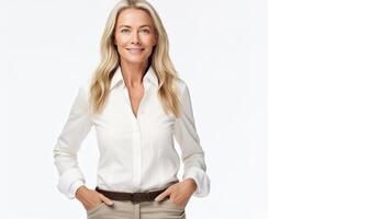 A woman in a white shirt and khaki pants photo
