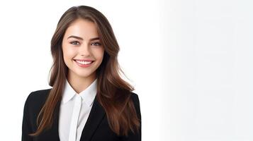 A woman in a business suit is smiling photo