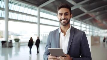 A man in a suit is holding a tablet computer photo