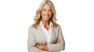 A woman in a business suit with her arms crossed photo