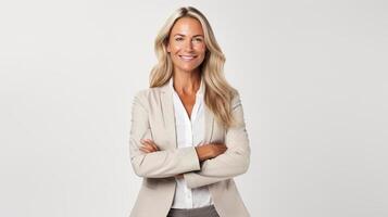 A woman in a business suit standing with her arms crossed photo