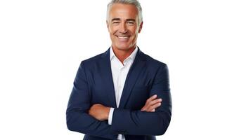 A man in a suit and tie standing with his arms crossed photo
