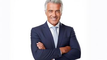 A man in a suit and tie standing with his arms crossed photo