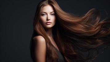 Beautiful woman with long hair on dark background photo