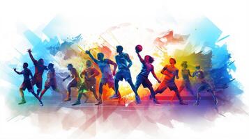 A group of people playing basketball on a colorful background photo