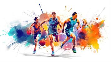 Basketball players running and playing with paint splatters photo