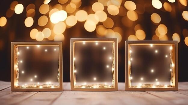 Three wooden boxes with lights on a wooden table photo