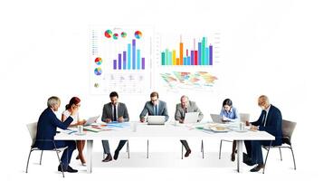 A group of business people sitting around a table with graphs on the wall photo