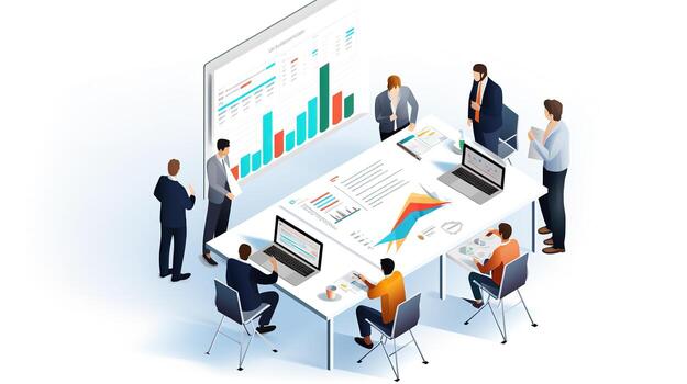 People sitting around a table with a chart on the screen photo