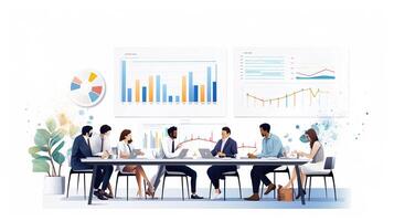 Business people sitting at a table with graphs and charts photo