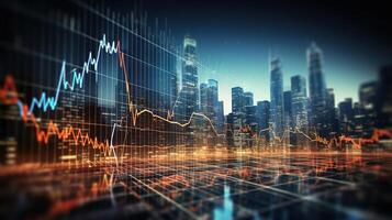 A cityscape with a stock chart and a graph photo