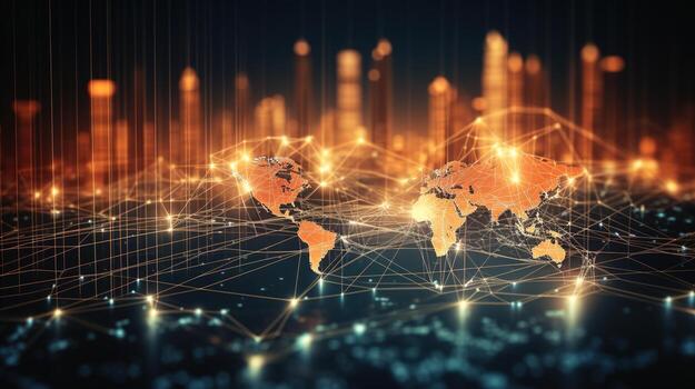 World map and network lines on a dark background photo