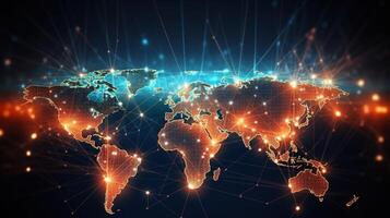 World map with network lines and dots on dark background photo