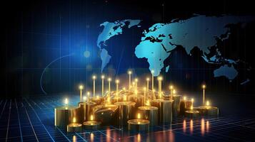 Golden candles on a world map background photo