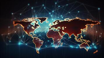 World map with network lines and dots on dark background photo