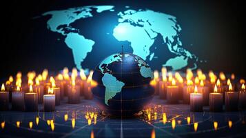 World peace concept with candles and globe on dark background 3d illustration photo