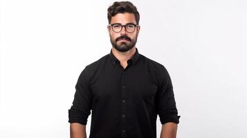 A man with glasses and a beard is standing in front of a white background photo