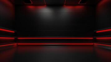 A dark room with red lights and black walls photo