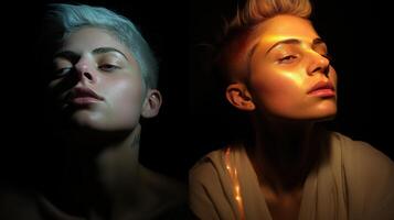 Two women with different colored hair and makeup photo
