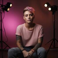 A woman with pink hair sitting in front of a pink backdrop photo