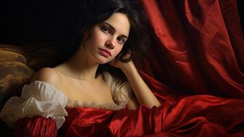 A woman in a red dress laying on a red couch photo