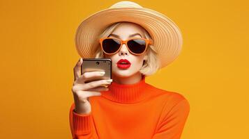 A woman in a hat and sunglasses holding a smart phone photo