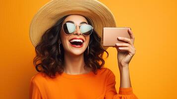 A woman in a hat and sunglasses taking a selfie photo