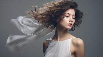 Beautiful woman with flowing hair on gray background photo