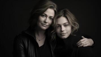Two women are posing for a black and white photo