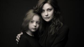 A woman and a little girl are posing for a black and white photo