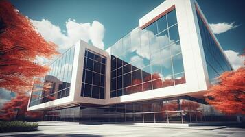 Modern office building with orange trees and windows photo