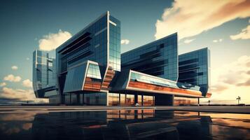 Modern office building with glass windows and reflective surface photo