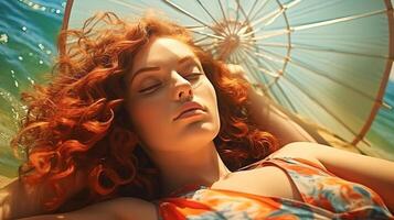A woman with red hair laying on the beach with an umbrella photo