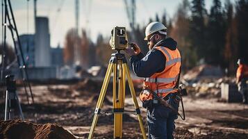 A man is standing on a construction site with a surveying device photo