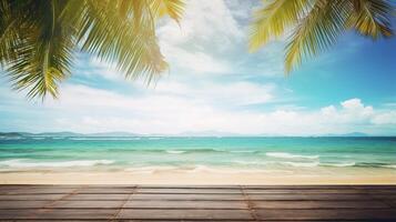 Wooden floor with palm trees and blue sky photo
