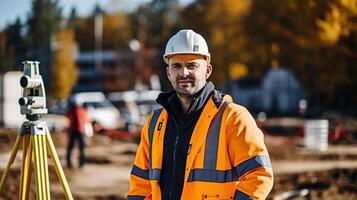 A man in an orange vest and hard hat standing next to a construction site photo