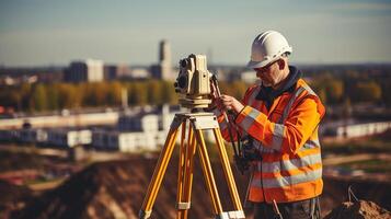 A man in an orange vest and hard hat is using a surveying instrument photo