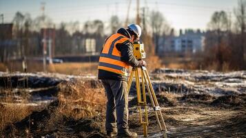 A man in an orange vest and safety vest is standing on a construction site photo
