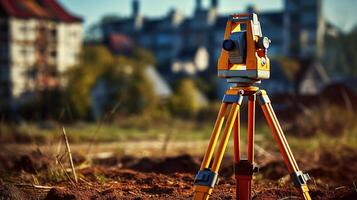 A surveyor's tripod is on the ground in front of a city photo