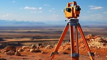 A surveyor's tripod on a desert landscape photo