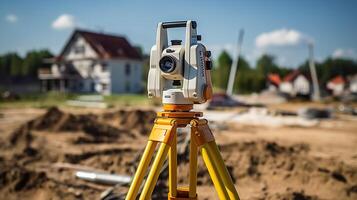 A total station on a tripod in front of a house photo